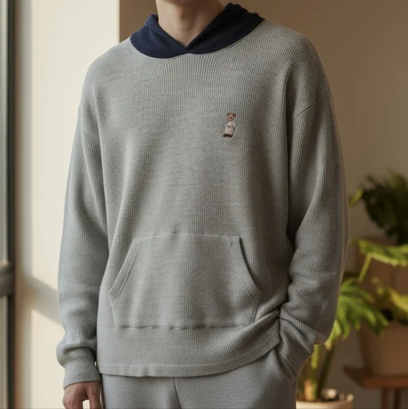 Polo Ralph Lauren Spell Out Bear Waffle Knit Hoodie Sweatshirt Size Large - Picture 2 of 16